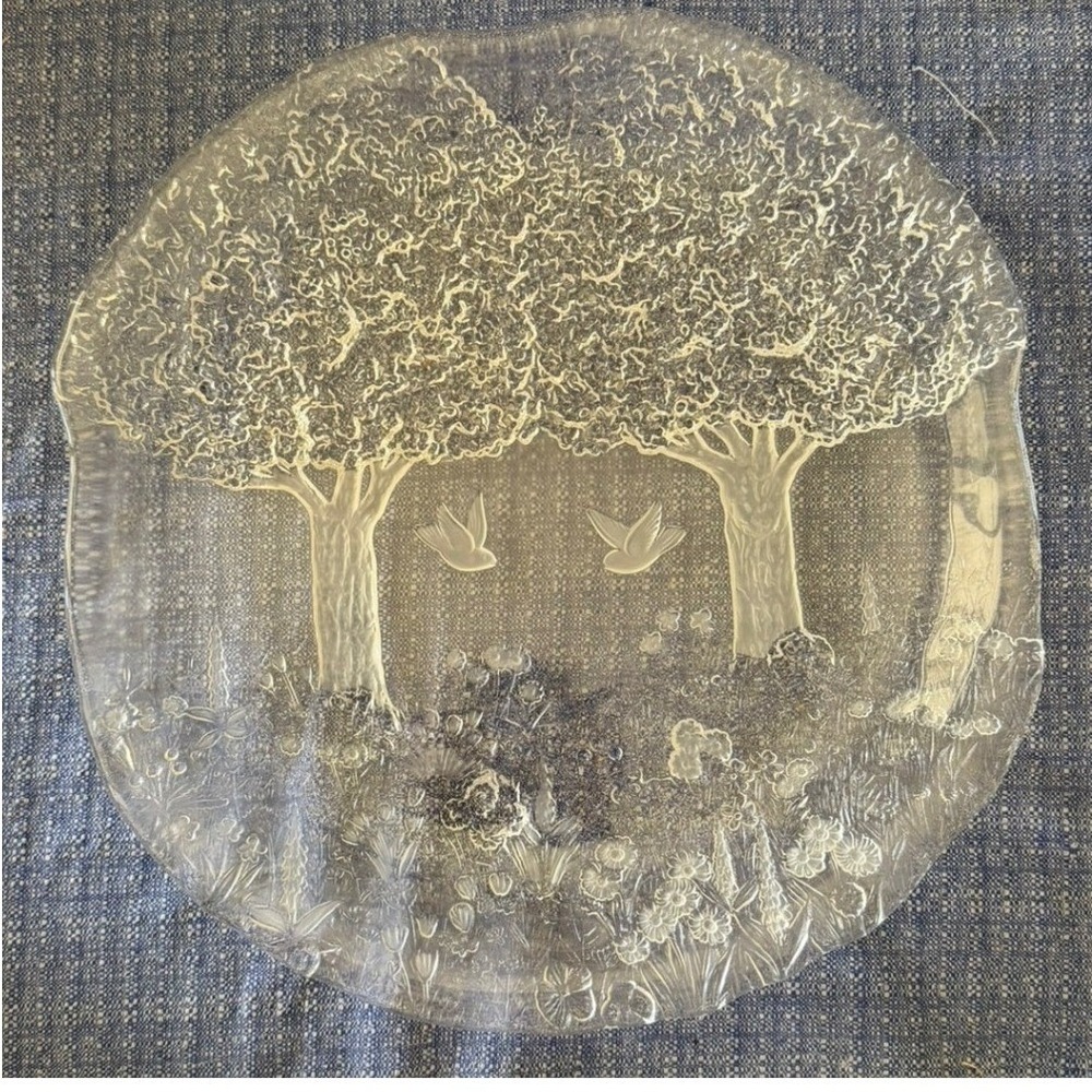 Vtg. Frosted Glass Tree Platter 13.5in Clear Nature Cottagecore Forestcore